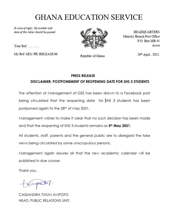 GES dispels claims that SHS 3 students reopening date has been postponed again