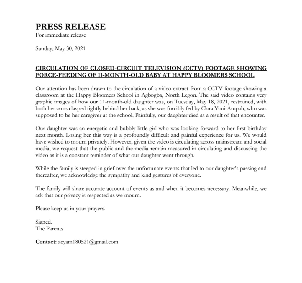 Stop circulating CCTV footage of our 11-month-old daughter being abused - Parents of the deceased urge public Stop circulating CCTV footage of our 11-month-old daughter being abused - Parents of the deceased urge public