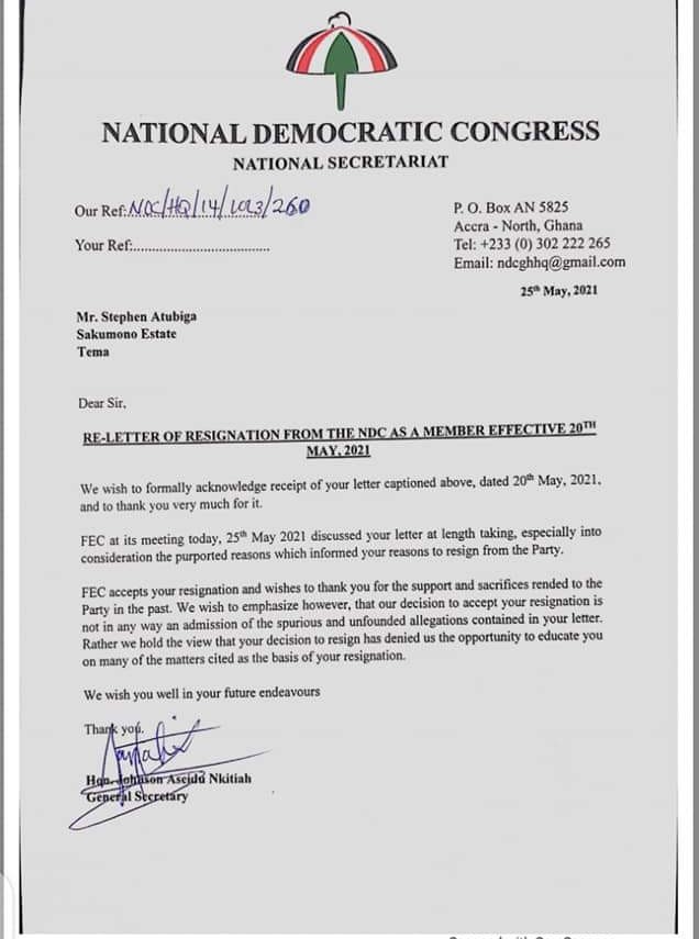 NDC accepts Atubiga's resignation from party