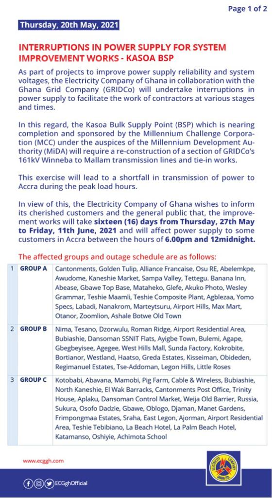ECG publishes another 'dumsor' timetable, effective May 27 to June 11