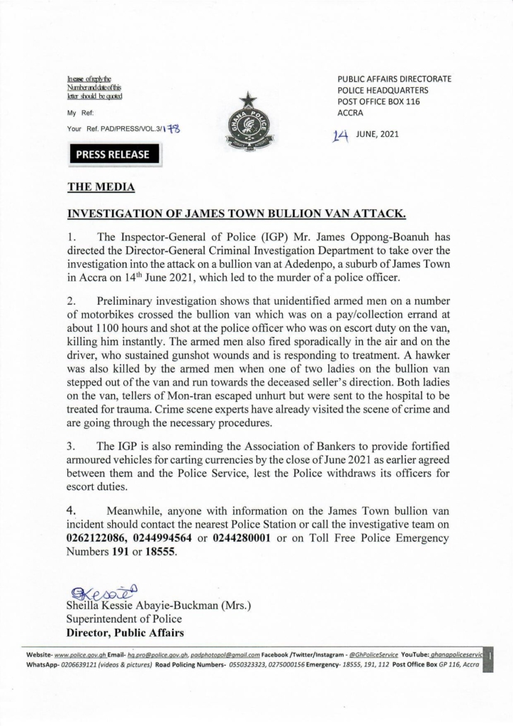 Bullion van attack at James Town: IGP directs CID to take over investigation