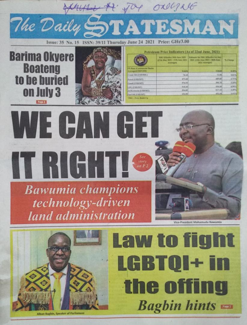 Today S Front Pages Thursday June 24 21 Myjoyonline Com