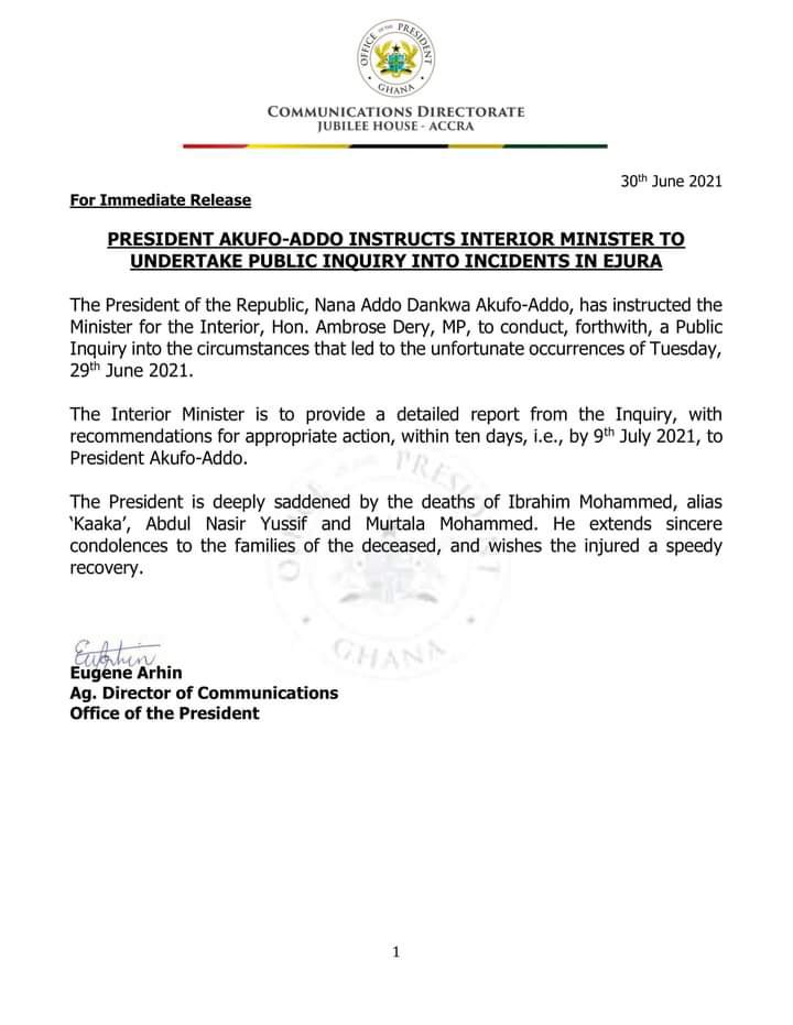Akufo-Addo instructs Interior Minister to undertake public inquiry into incidents in Ejura