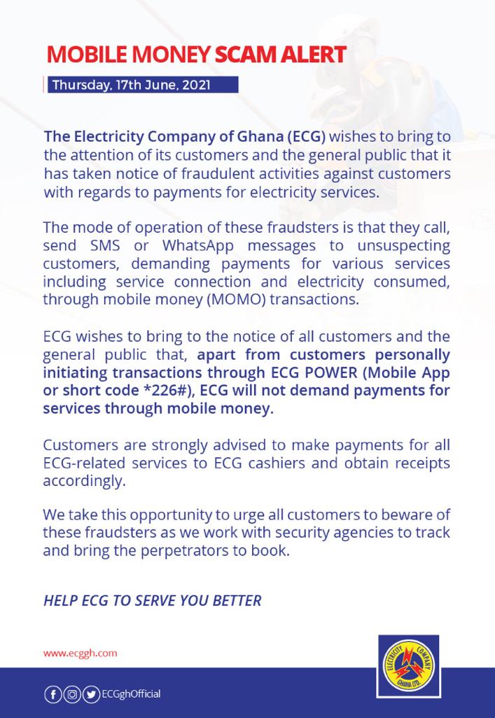 We don't demand payment through mobile money - ECG warns customers We don't demand payment through mobile money - ECG warns customers