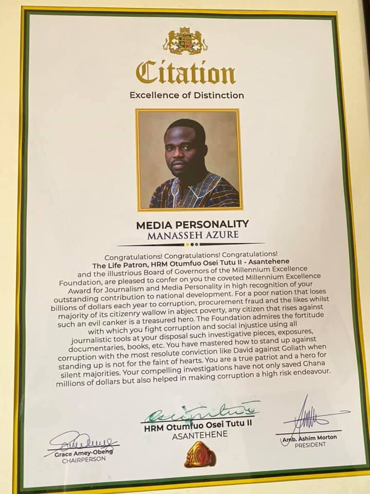 Manasseh Azure Awuni receives Millennium Excellence Award for Journalism and Media Personality