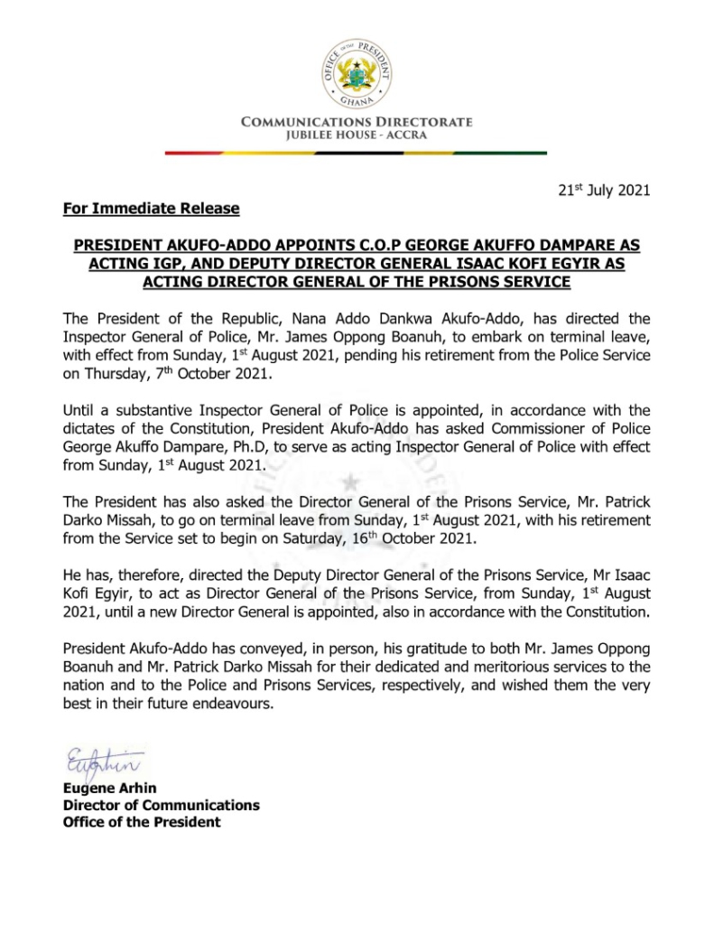 Isaac Kofi Egyir appointed Acting Director-General of Prisons Service