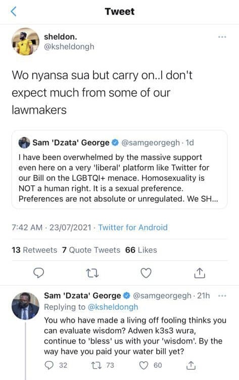 Sam George and former UK legislator, Seb Dance face-off over anti-LGBT bill