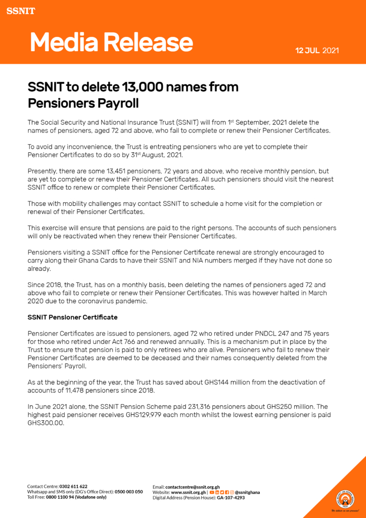 SSNIT to delete 13,000 names from pensioners payroll from September