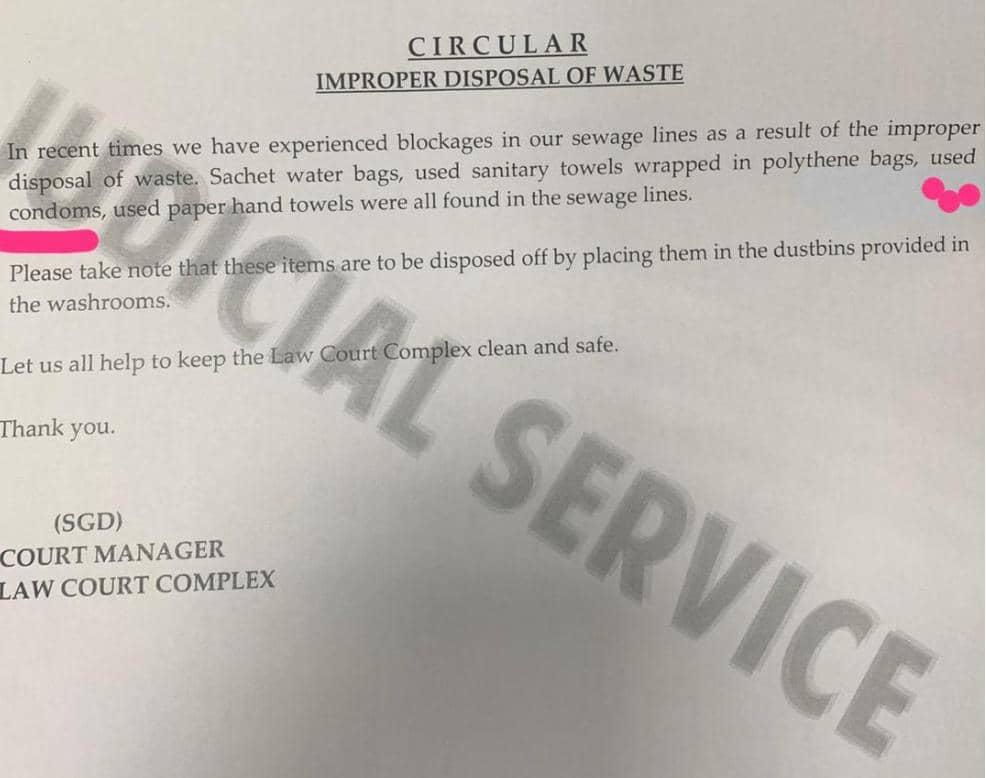 Used condoms, sanitary towels blocking sewage lines - Law Court Complex manager Used condoms, sanitary towels blocking sewage lines - Law Court Complex manager