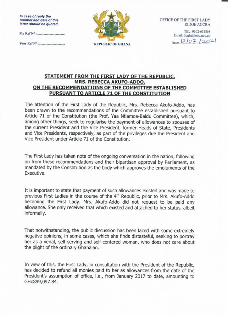First Lady rejects allowances, moves to refund ¢899k received since 2017 First Lady rejects allowances, moves to refund ¢899k received since 2017