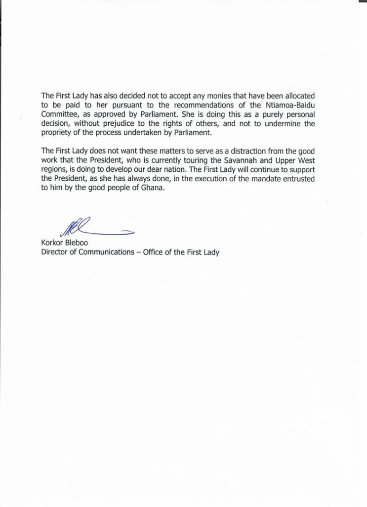 First Lady rejects allowances, moves to refund ¢899k received since 2017 First Lady rejects allowances, moves to refund ¢899k received since 2017