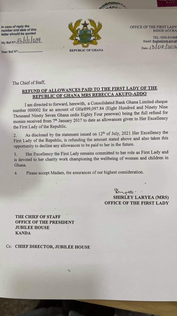 Rebecca Akufo-Addo refunds GH¢899,097.84 allowance