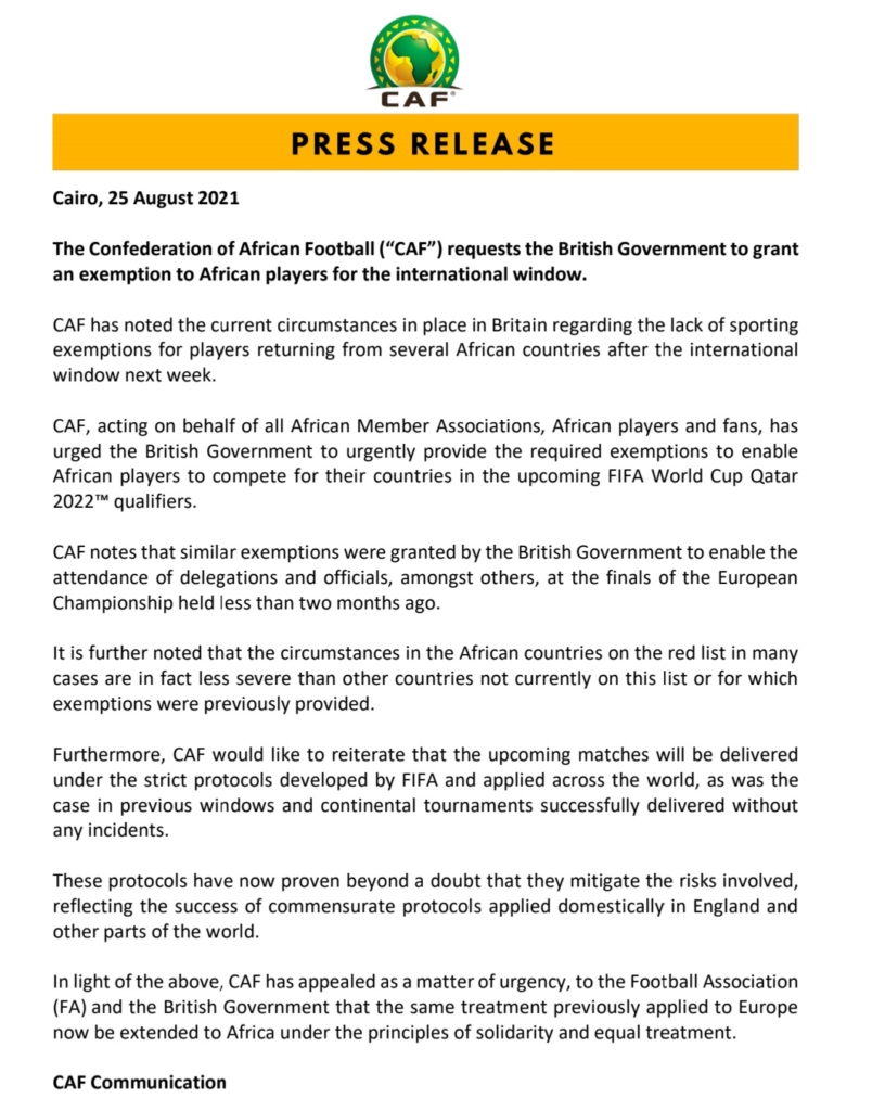 CAF requests exemption for African players from UK government