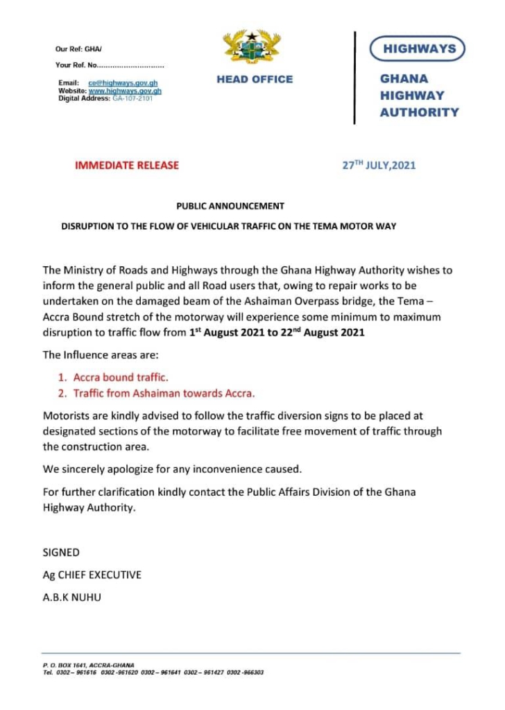 Accra-Tema motorway to experience 21-day disruption to traffic flow beginning Aug 1 Accra-Tema motorway to experience 21-day disruption to traffic flow beginning Aug 1