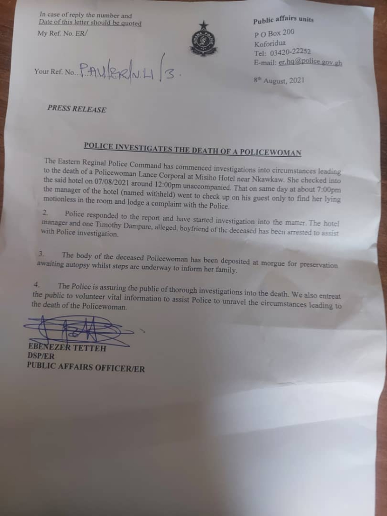 Police arrest 2 persons in connection with death of officer in Nkawkaw hotel Police arrest 2 persons in connection with death of officer in Nkawkaw hotel