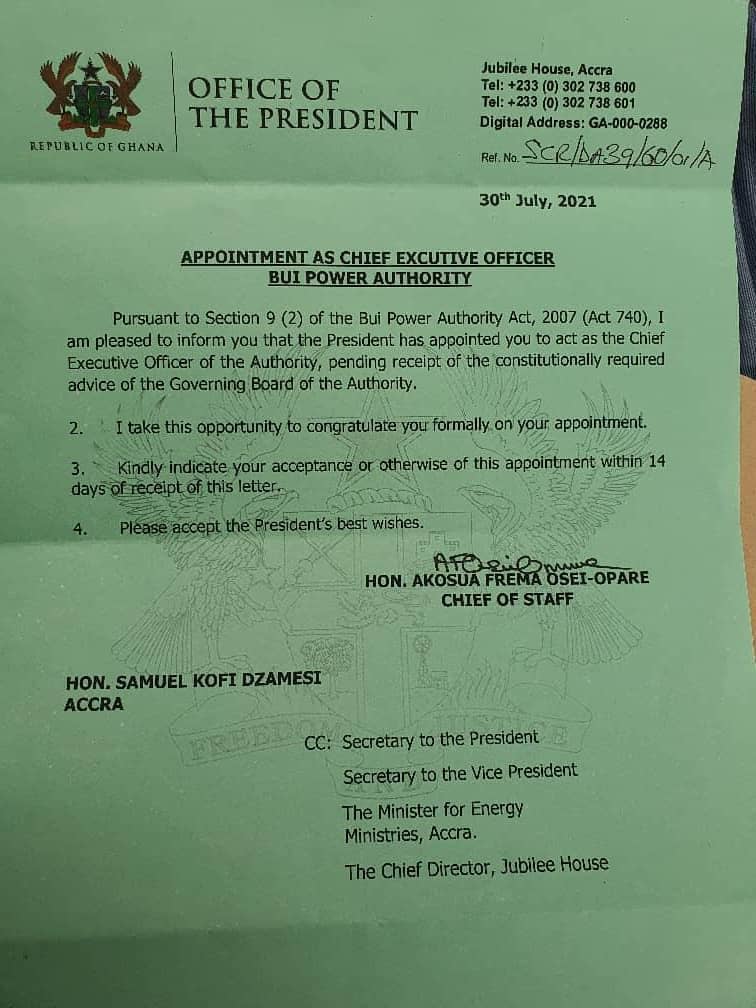 Former Chieftaincy and Religious Affairs Minister, Kofi Dzamesi appointed as CEO of Bui Power Authority