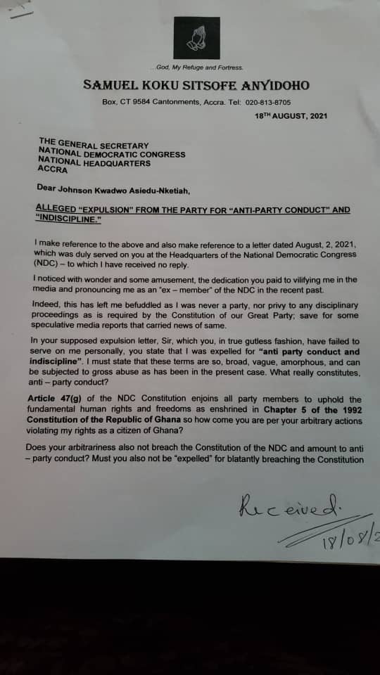 Retract my purported expulsion from NDC, I remain a member - Koku Anyidoho to Asiedu Nketia Retract my purported expulsion from NDC, I remain a member - Koku Anyidoho to Asiedu Nketia