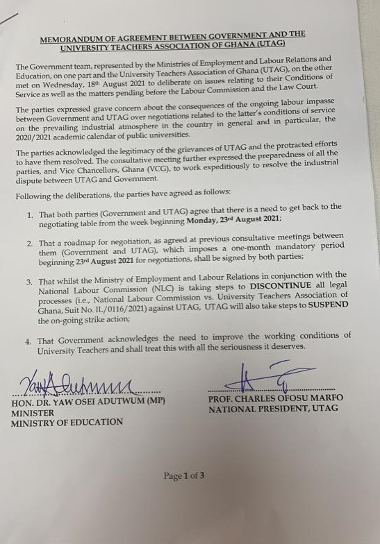 UTAG agrees to call off strike as NLC and Employment Ministry move to discontinue legal process UTAG agrees to call off strike as NLC and Employment Ministry move to discontinue legal process