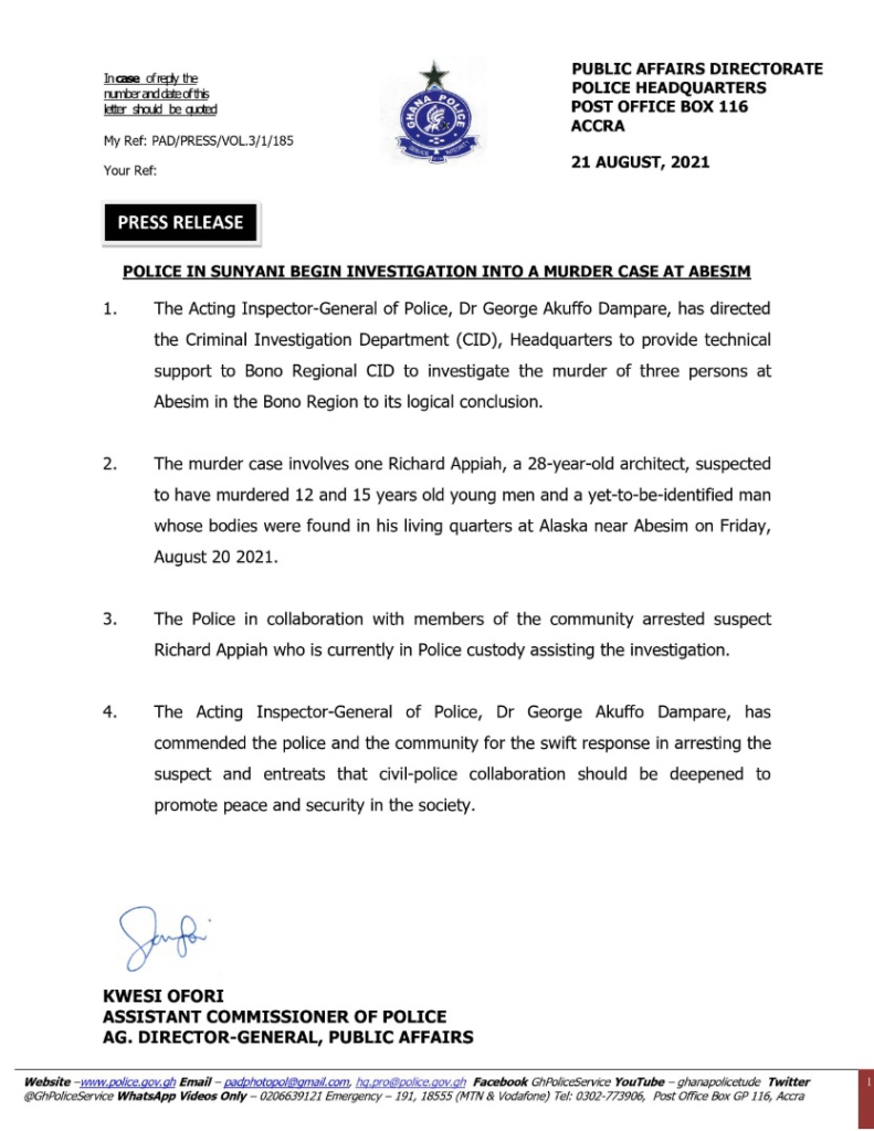 IGP directs CID headquarters to assist in investigation of murder of two children, one other at Abesim IGP directs CID headquarters to assist in investigation of murder of two children, one other at Abesim