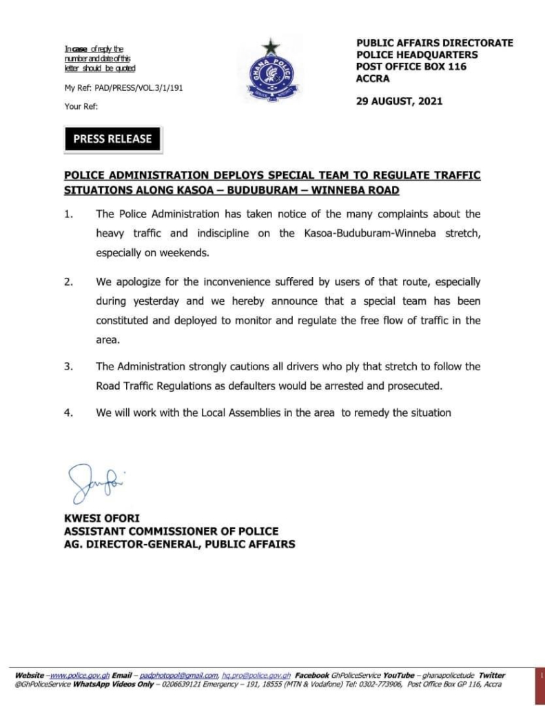 Police deploy special team to regulate traffic situations along Kasoa-Buduburam-Winneba road