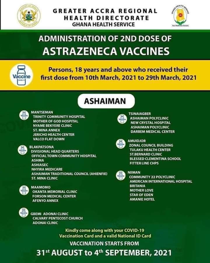 Check out where to get 2nd dose of AstraZeneca vaccine from Aug 31 to Sept. 4