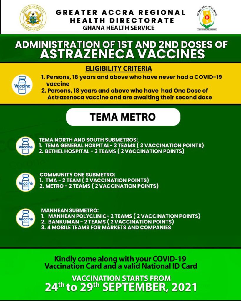 Check out where to receive 1st and 2nd doses of Covid-19 vaccine from Sept. 24 to 29