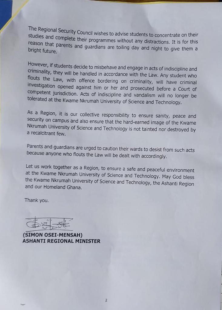 KNUST students ordered to leave campus by Saturday