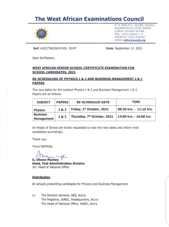 WASSCE 2021: Physics and Business Management papers scheduled for October 1 and 7 respectively - WAEC