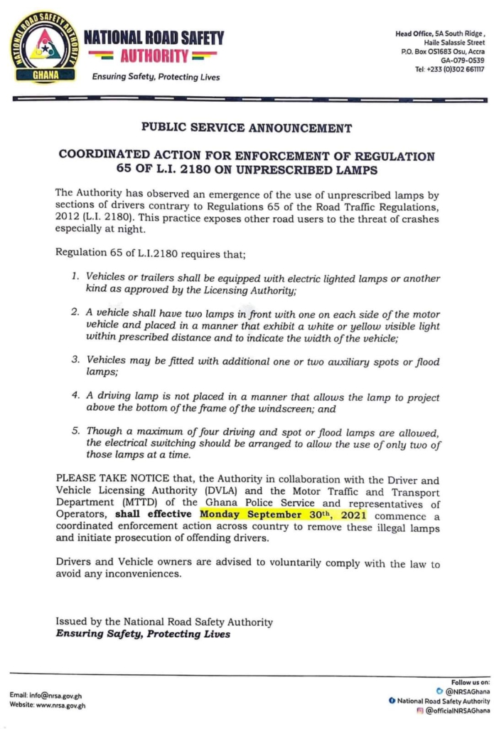 NRSA, DVLA and MTTD to clamp down on use of unprescribed lamps from Sept. 30 NRSA, DVLA and MTTD to clamp down on use of unprescribed lamps from Sept. 30