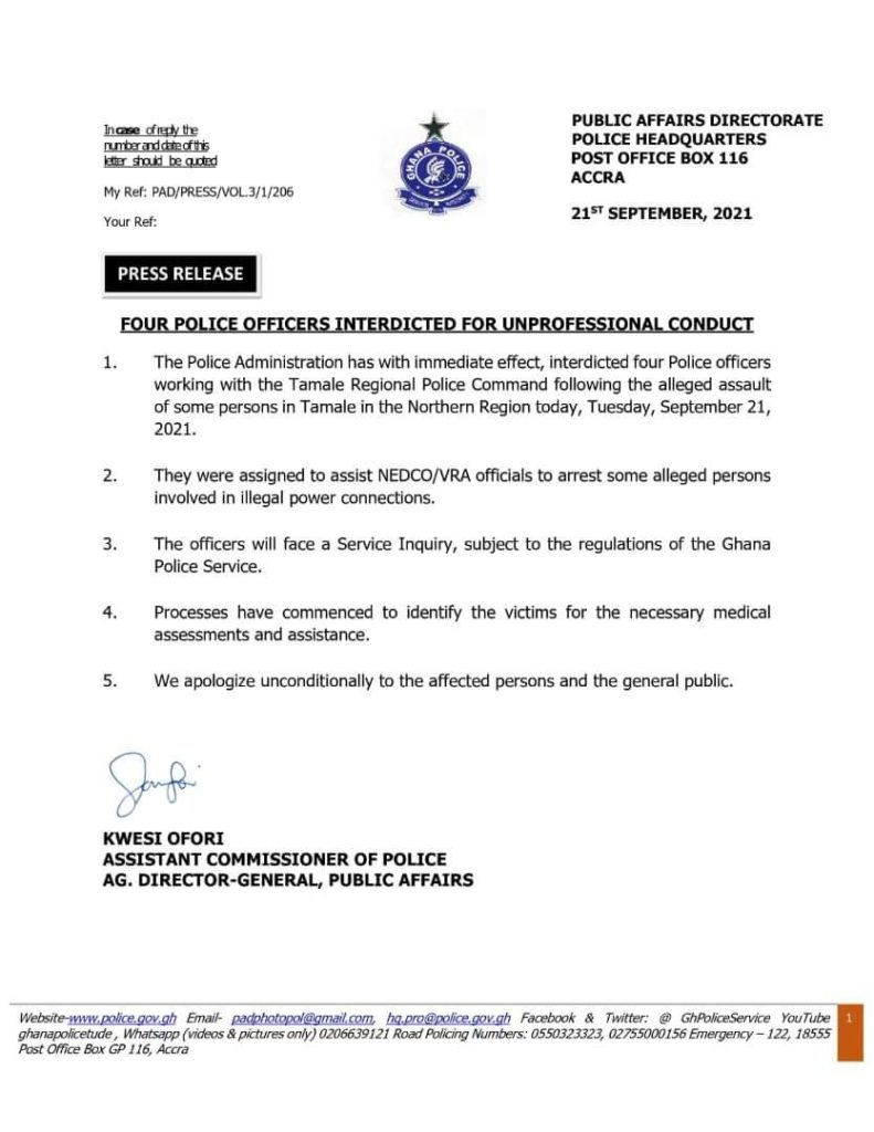 Police interdicts 4 officers who assaulted Tamale residents over illegal connection