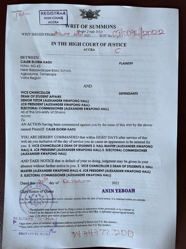 UG student sues VC, Dean of Students and others over disqualification from JCR elections UG student sues VC, Dean of Students and others over disqualification from JCR elections