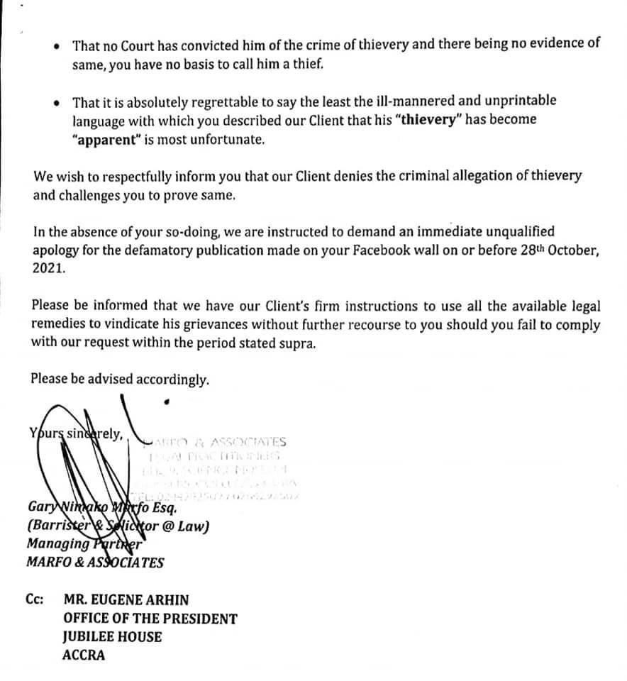 Retract and apologise for defamatory publication or face court action - Lawyers of Eugene Arhin to Adom-Boakye Retract and apologise for defamatory publication or face court action - Lawyers of Eugene Arhin to Adom-Boakye