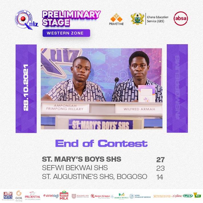 NSMQ 2021: St Mary's Boys kicks out Sefwi Bekwai SHS and St Augustine's SHS, Bogoso, qualifies to one-eighth stage