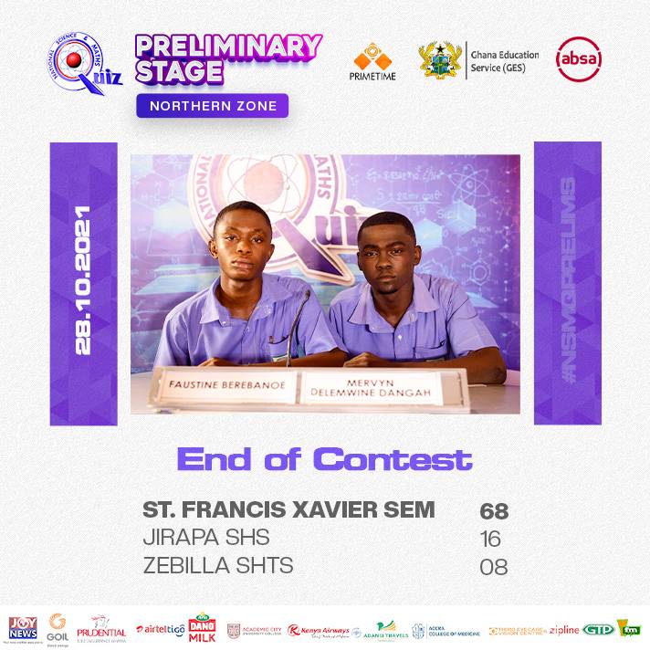 NSMQ 2021: St Francis Xavier Minor Seminary leaves Jirapa SHS and Zebilla SHTS behind with 68pts to the one-eighth stage