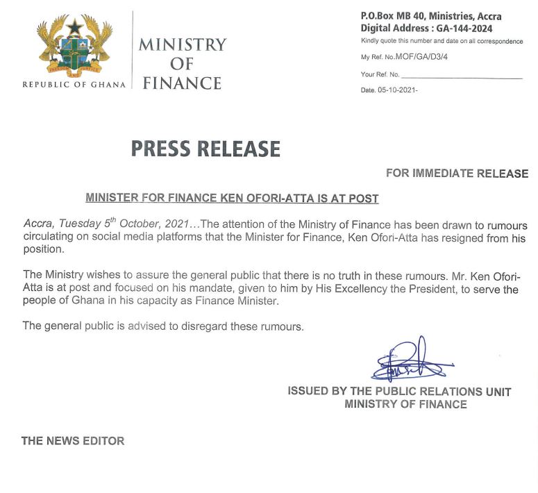 Ken Ofori-Atta has not resigned - Finance Ministry