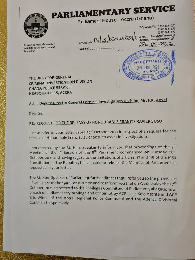 'We are unable to release Francis-Xavier Sosu to you' - Parliament tells Police 'We are unable to release Francis-Xavier Sosu to you' - Parliament tells Police