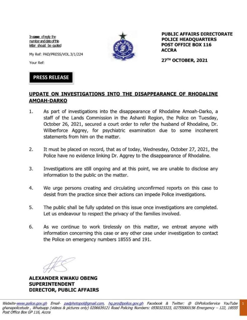 Police secures order to refer husband of missing woman, Rhodaline Amoah for psychiatric exams Police secures order to refer husband of missing woman, Rhodaline Amoah for psychiatric exams