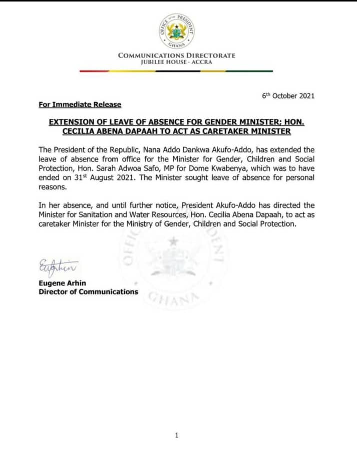 Cecilia Dapaah to act as caretaker Minister of Gender
