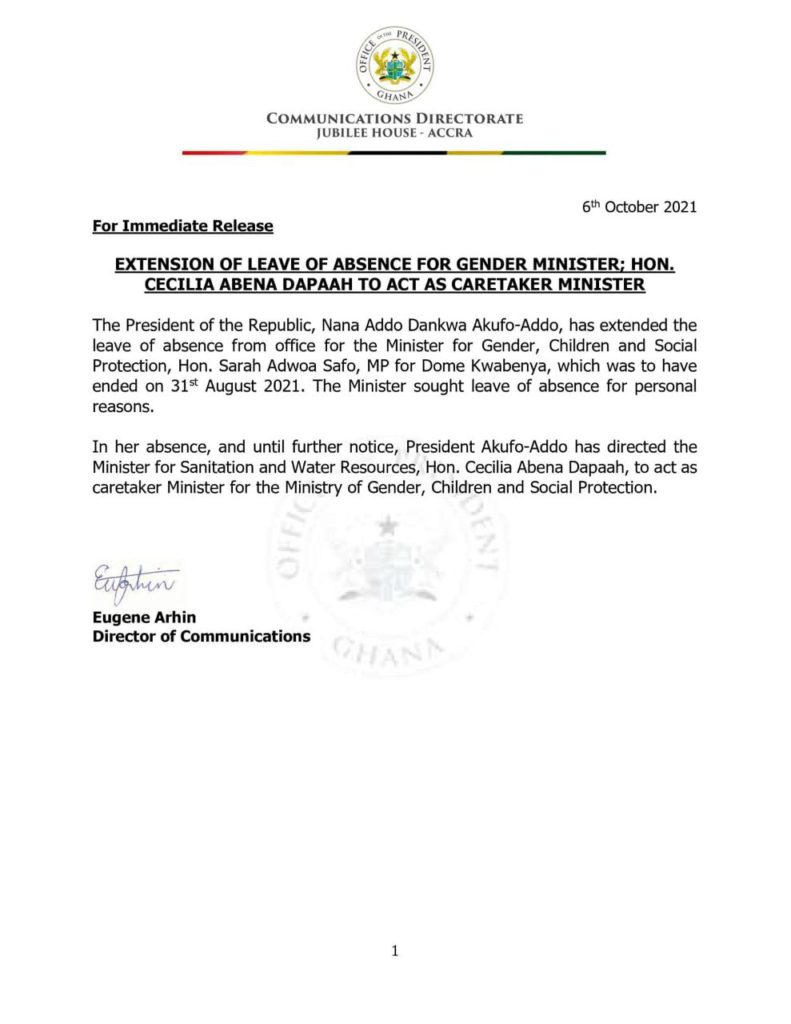 Akufo-Addo extends Gender Minister's leave; Sanitation Minister to act Akufo-Addo extends Gender Minister's leave; Sanitation Minister to act