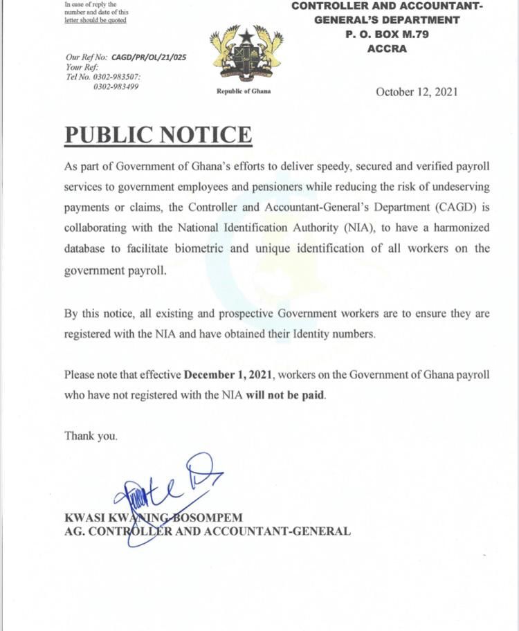 Government workers without Ghana Card won't be paid from Dec. 1