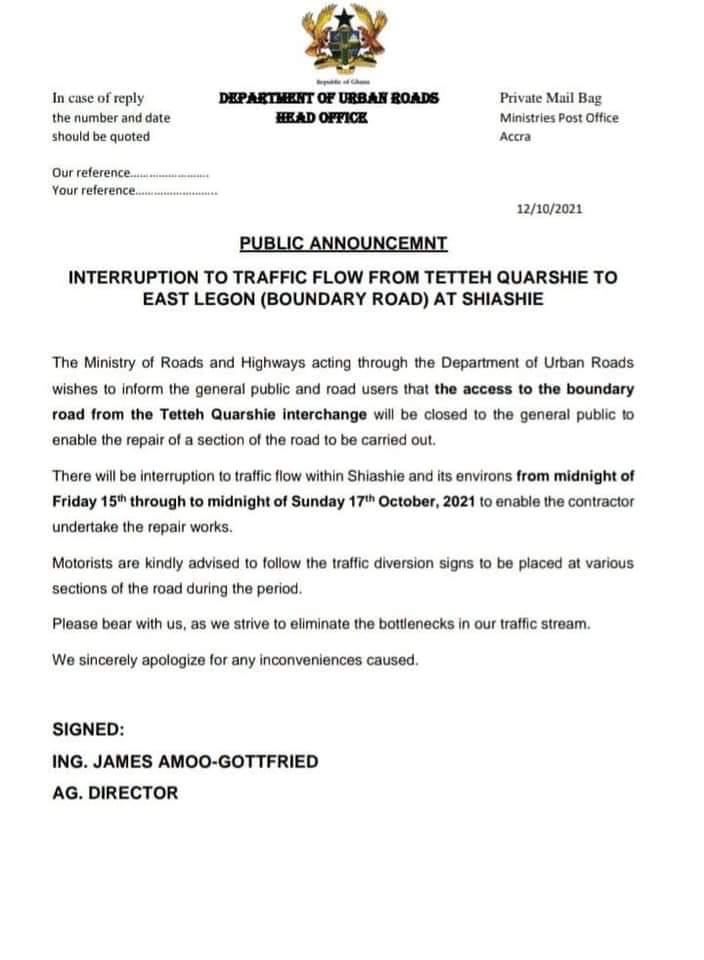 Tetteh Quarshie - East Legon road to be closed for 2 days Tetteh Quarshie - East Legon road to be closed for 2 days