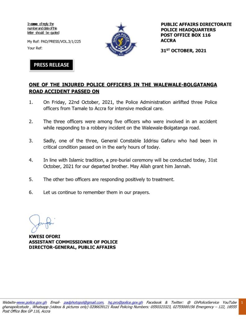Police officer injured in Walewale-Bolgatanga road crash dies Police officer injured in Walewale-Bolgatanga road crash dies