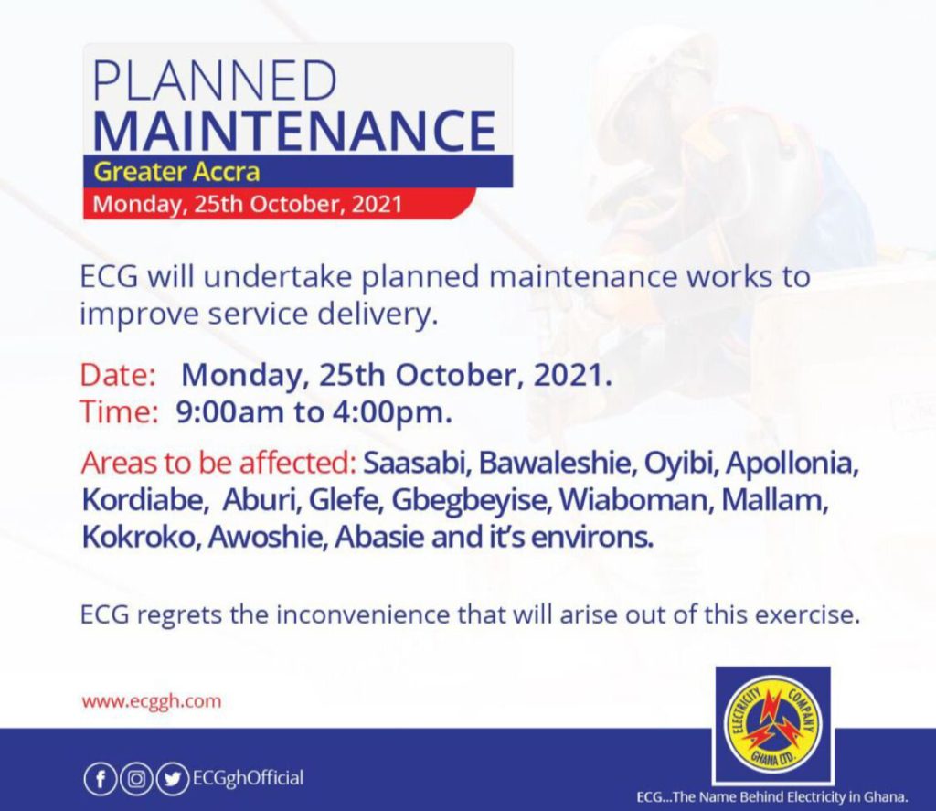 Oyibi, Apollonia, Awoshie and other areas to experience power interruption
