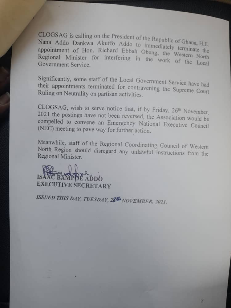 CLOGSAG calls for removal of Western North Regional Minister over alleged interference in local government service CLOGSAG calls for removal of Western North Regional Minister over alleged interference in local government service