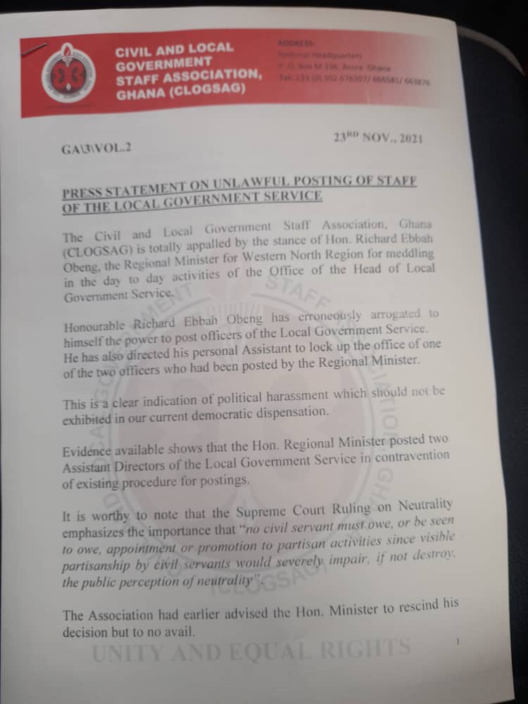 CLOGSAG calls for removal of Western North Regional Minister over alleged interference in local government service CLOGSAG calls for removal of Western North Regional Minister over alleged interference in local government service