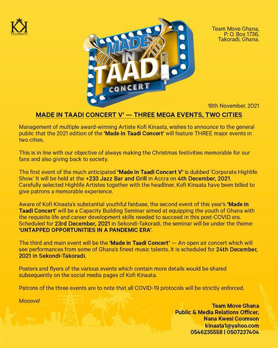Kofi Kinaata announces outline for Made In Taadi Concert V