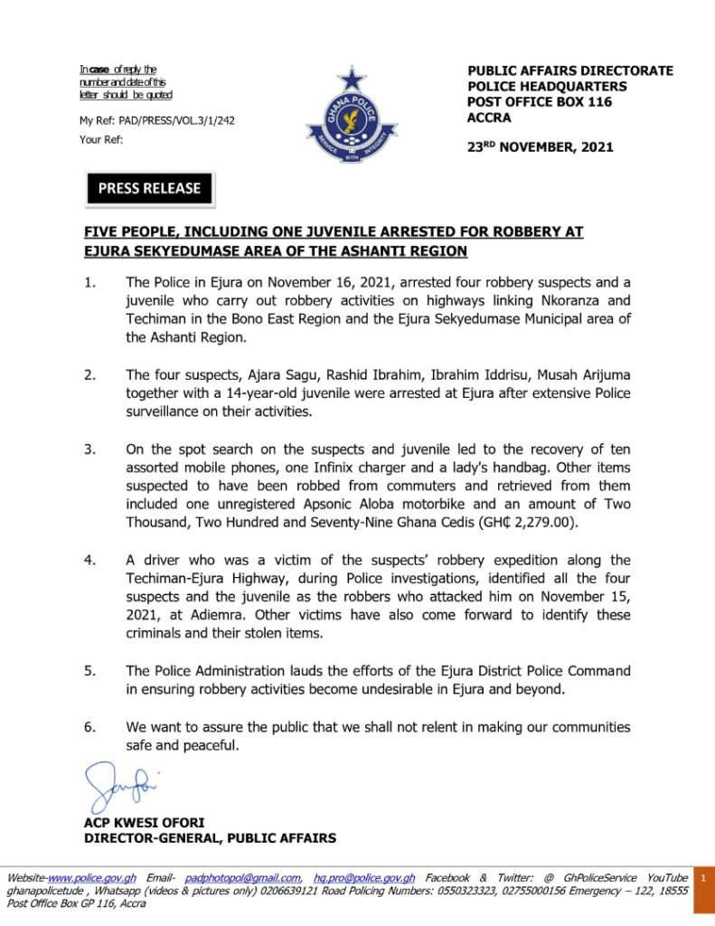 Police arrest five robbery suspects at Ejura Police arrest five robbery suspects at Ejura