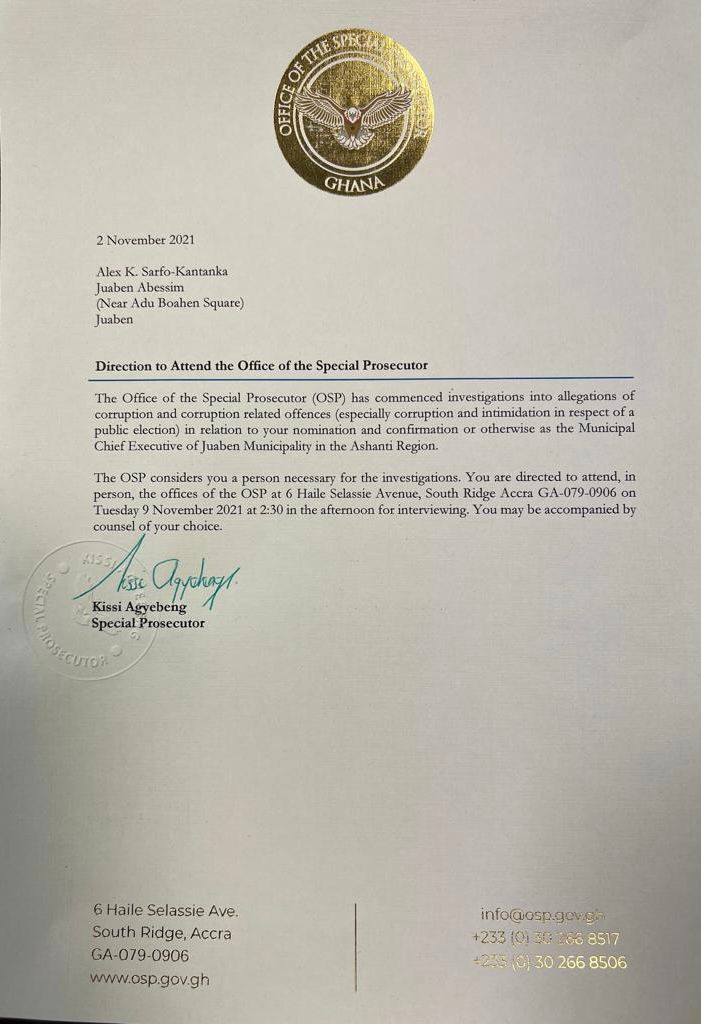 Special Prosecutor invites embattled Juaben MCE nominee for questioning over corruption Special Prosecutor invites embattled Juaben MCE nominee for questioning over corruption