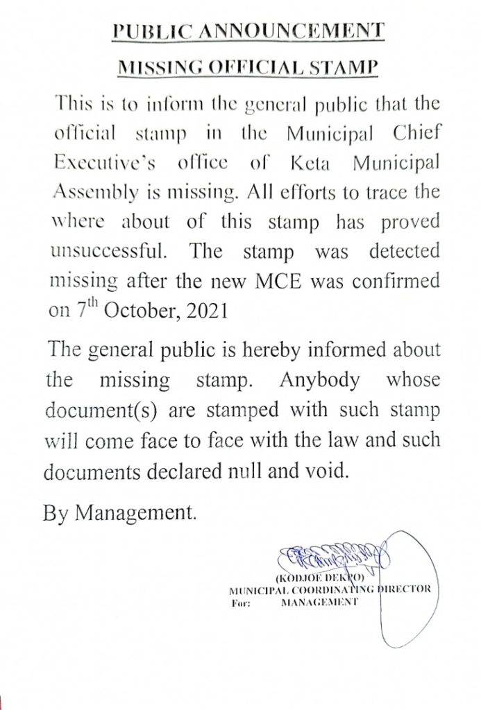 Official stamp of Keta Municipal Assembly missing, documents bearing stamp dated after Oct. 7 are null and void