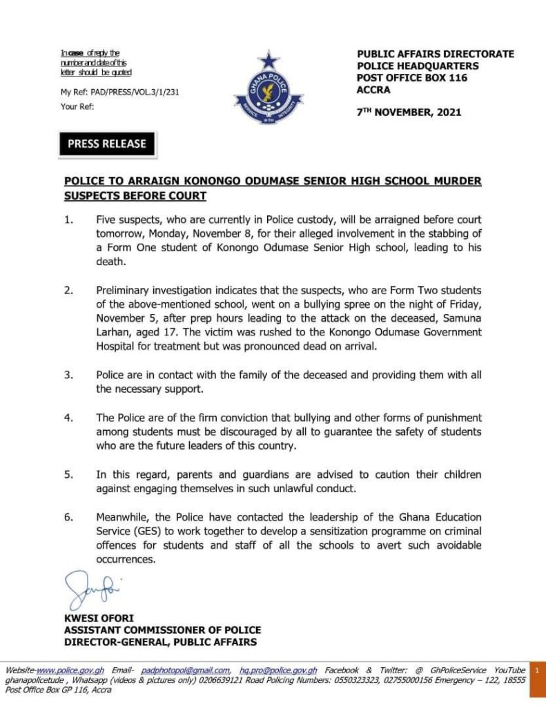 Konongo Odumase SHS murder suspects to appear in court on Nov. 8 Konongo Odumase SHS murder suspects to appear in court on Nov. 8